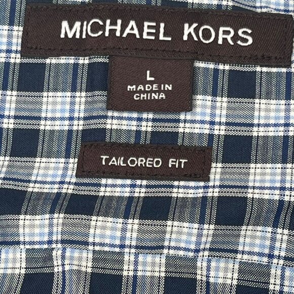 Michael Kors Mens Tailored Fit Blue Dark Plaid Long Sleeve Shirt Size Large - Picture 3 of 7